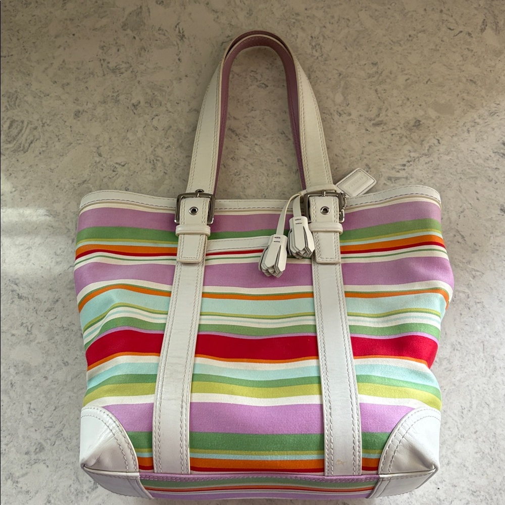 Coach Y2K 2007 Hampton Multi-Color Stripe Medium Canvas/ Leather Tote F10705 - Picture 6 of 15
